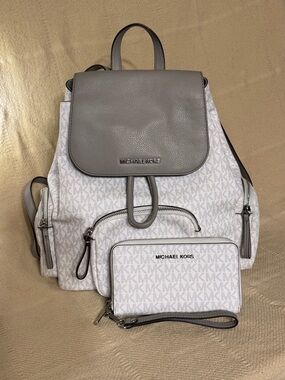 Michael Kors Gray and White Logo Backpack with Matching Wristlet